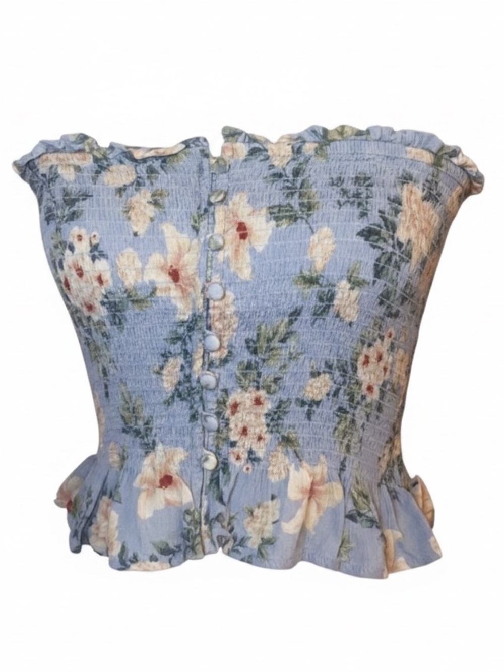 AMERICAN EAGLE Smocked Boho Ruffled Tube Top Cornflower Blue & Beige Size Med